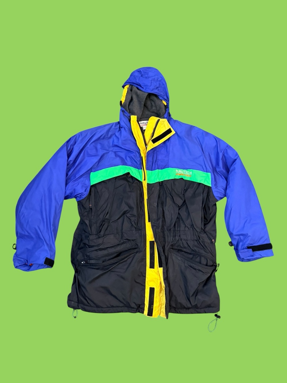 Vintage 90s Nautica Competition Jacket L Colorblock Sailing Fleece Hooded Parka